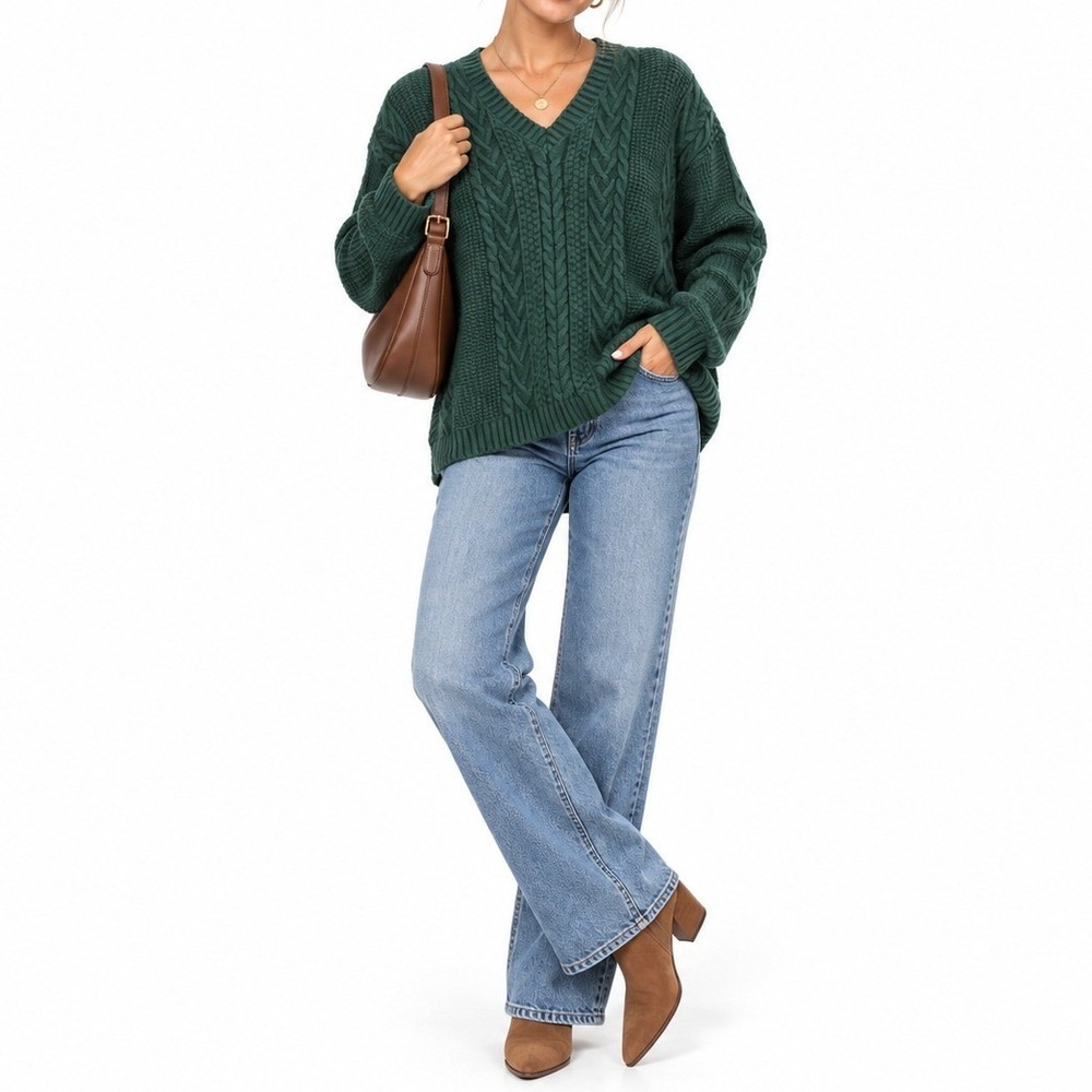 Natural Reflections Cable Knit Sweater Womens M Green V Neck Relaxed Cozy Fall